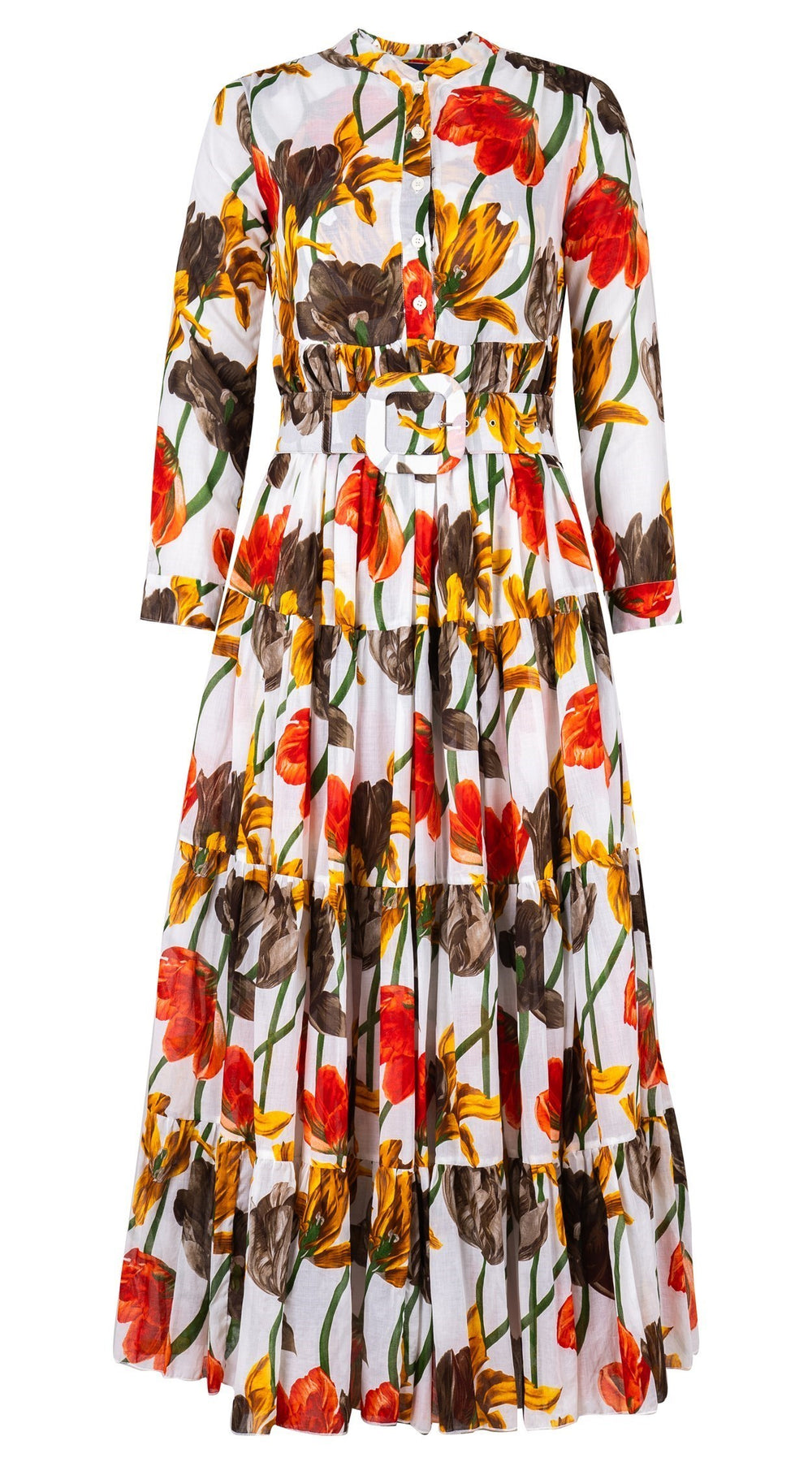 Eva Dress High V Neck Long Sleeve Maxi Length Cotton Musola (Rambrandt Tulip)
