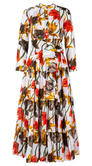 Eva Dress High V Neck Long Sleeve Maxi Length Cotton Musola (Rambrandt Tulip)