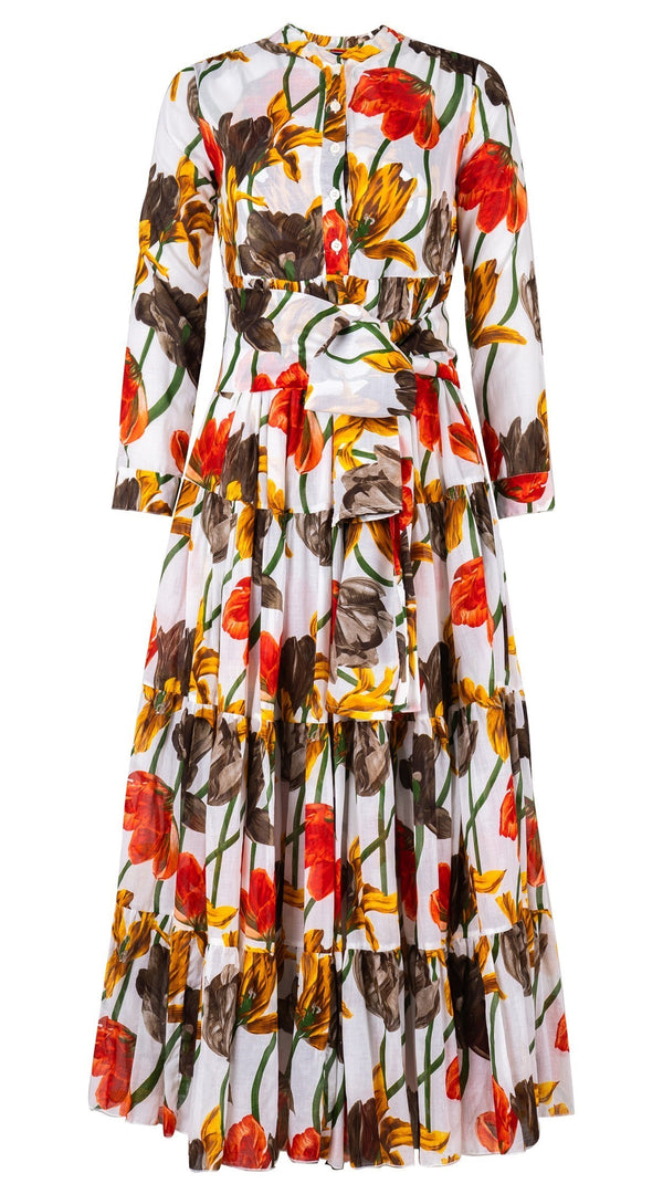Eva Dress High V Neck Long Sleeve Maxi Length Cotton Musola (Rambrandt Tulip)
