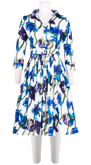 Audrey Dress #2 Shirt Collar 3/4 Sleeve Long Length Cotton Stretch (Rambrandt Tulip)