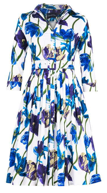 Audrey Dress #2 Shirt Collar 3/4 Sleeve Long Length Cotton Stretch (Rambrandt Tulip)