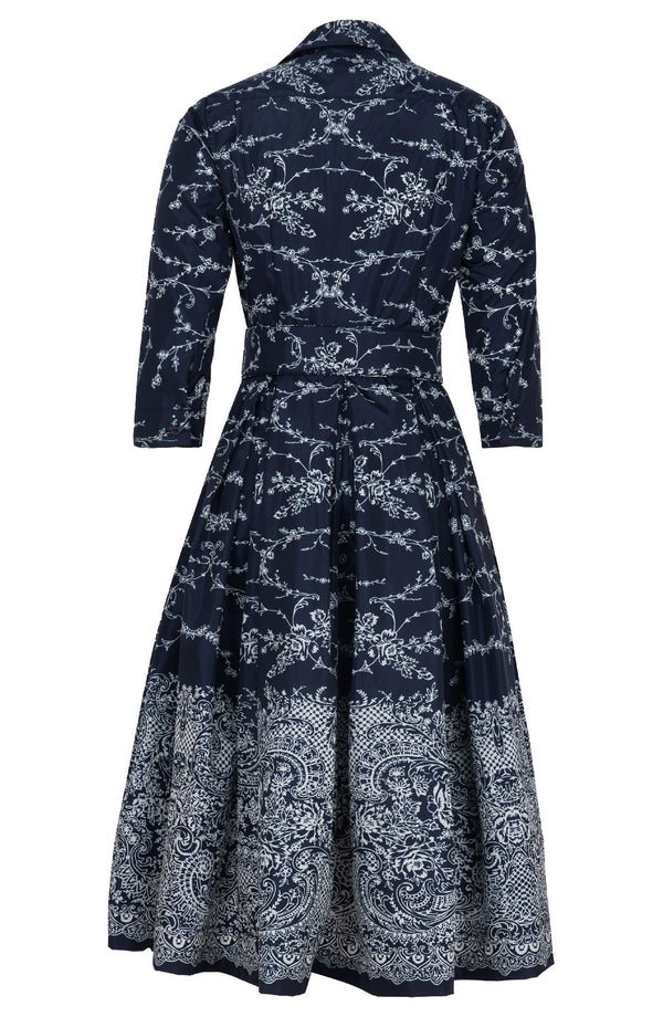 Audrey Dress #7 Shirt Collar 3/4 Sleeve Midi Length Poliamide Taffta (Reticella Lace Ivory)