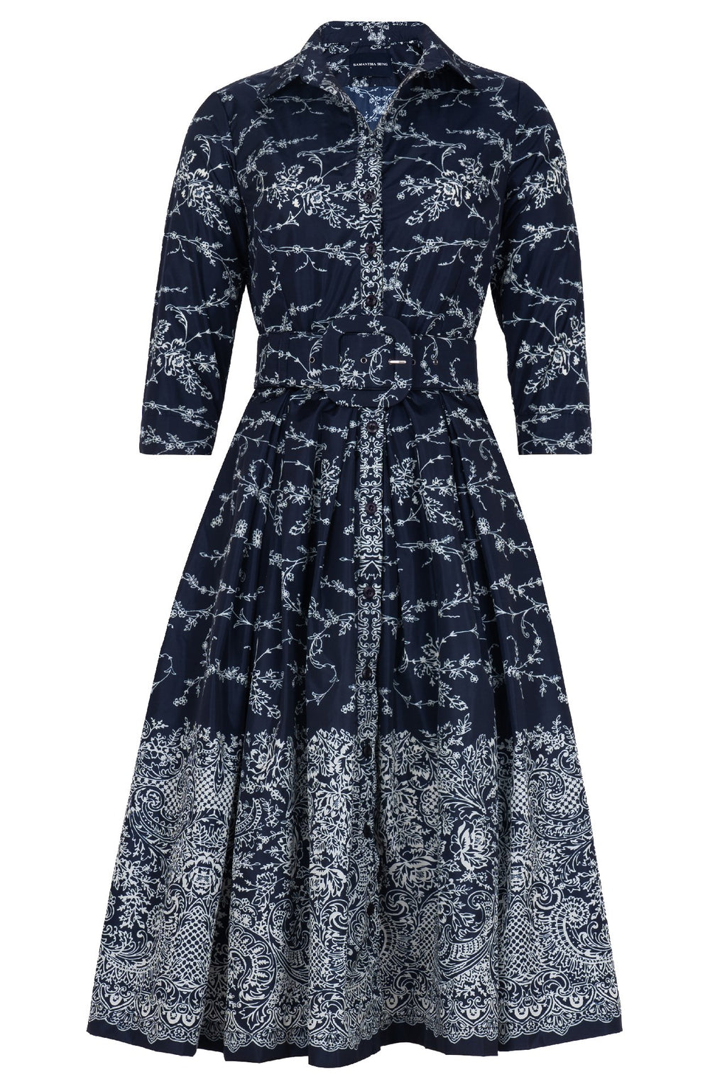 Audrey Dress #7 Shirt Collar 3/4 Sleeve Midi Length Poliamide Taffta (Reticella Lace Ivory)