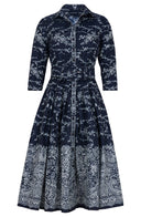 Audrey Dress #7 Shirt Collar 3/4 Sleeve Midi Length Poliamide Taffta (Reticella Lace Ivory)
