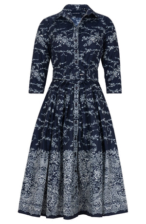 Audrey Dress #7 Shirt Collar 3/4 Sleeve Midi Length Poliamide Taffta (Reticella Lace Ivory)