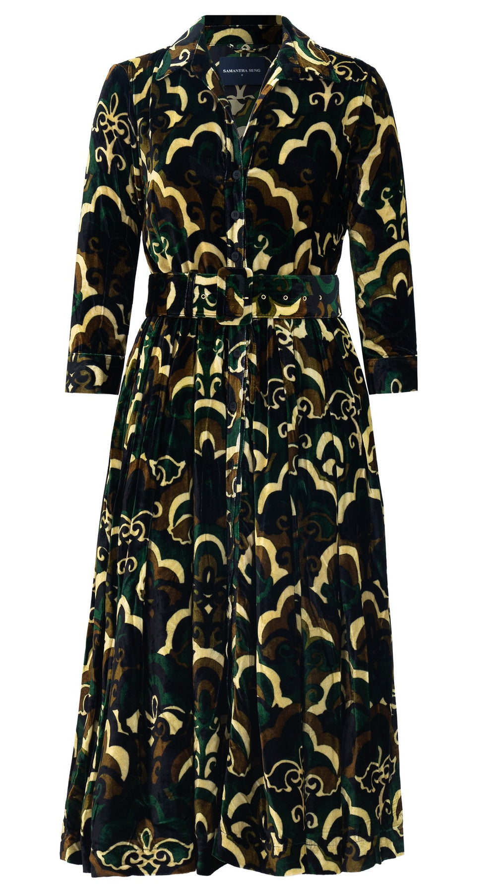 Audrey Dress #1 Shirt Collar 3/4 Sleeve Midi Length Silk Velvet (Retro Velvet)