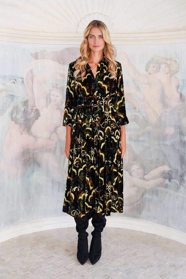 Audrey Dress #3 Shirt Collar 3/4 Sleeve Midi Length Silk Velvet (Retro Velvet)