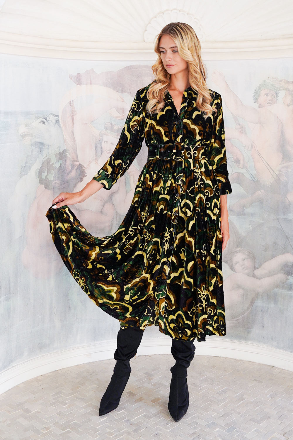 Audrey Dress #3 Shirt Collar 3/4 Sleeve Midi Length Silk Velvet (Retro Velvet)