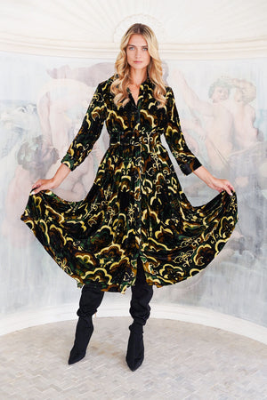 Audrey Dress #3 Shirt Collar 3/4 Sleeve Midi Length Silk Velvet (Retro Velvet)