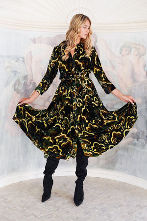 Audrey Dress #3 Shirt Collar 3/4 Sleeve Midi Length Silk Velvet (Retro Velvet)