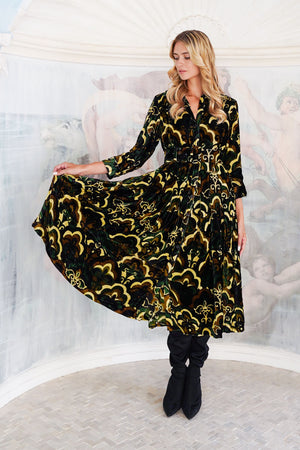 Audrey Dress #3 Shirt Collar 3/4 Sleeve Midi Length Silk Velvet (Retro Velvet)