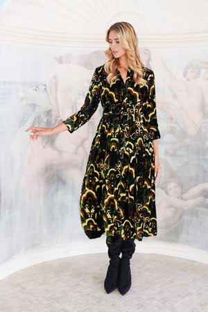 Audrey Dress #3 Shirt Collar 3/4 Sleeve Midi Length Silk Velvet (Retro Velvet)