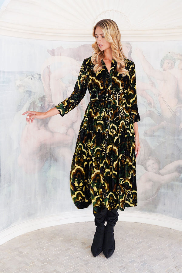 Audrey Dress #3 Shirt Collar 3/4 Sleeve Midi Length Silk Velvet (Retro Velvet)