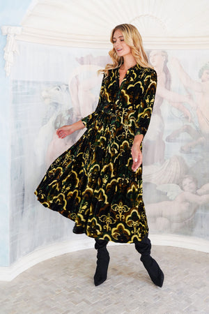 Audrey Dress #3 Shirt Collar 3/4 Sleeve Midi Length Silk Velvet (Retro Velvet)