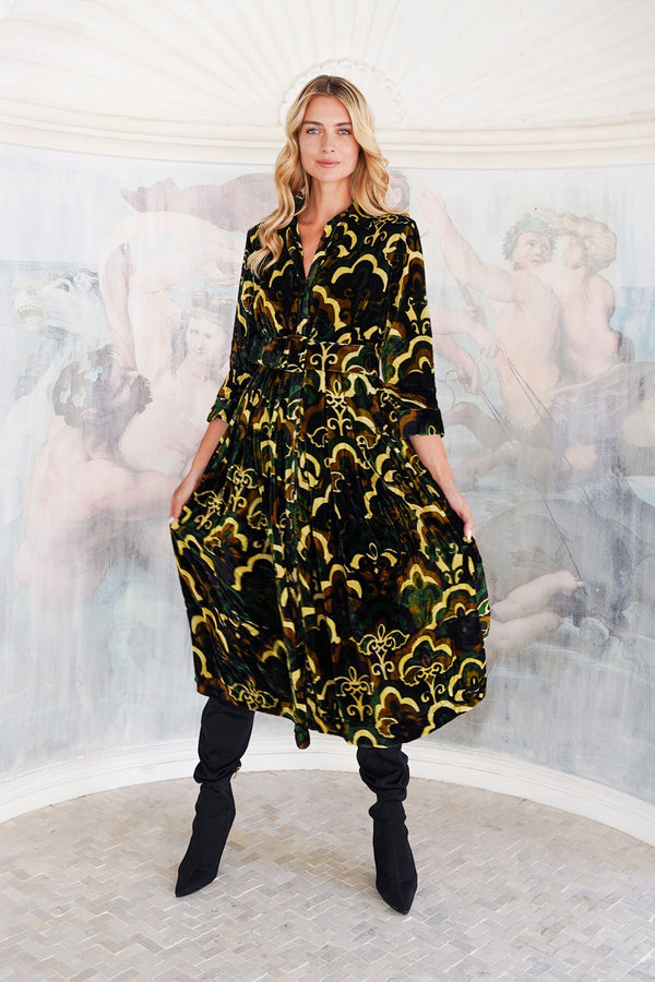 Audrey Dress #3 Shirt Collar 3/4 Sleeve Midi Length Silk Velvet (Retro Velvet)