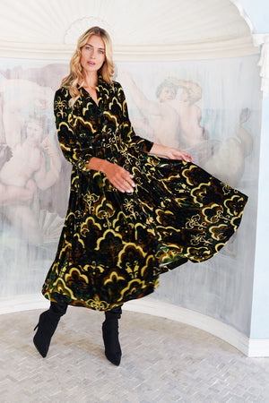 Audrey Dress #3 Shirt Collar 3/4 Sleeve Midi Length Silk Velvet (Retro Velvet)