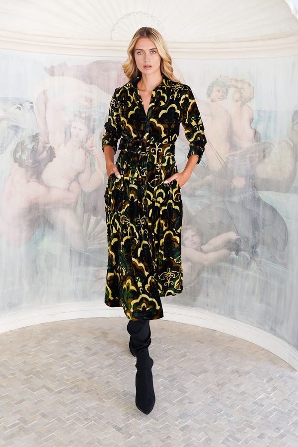 Audrey Dress #3 Shirt Collar 3/4 Sleeve Midi Length Silk Velvet (Retro Velvet)