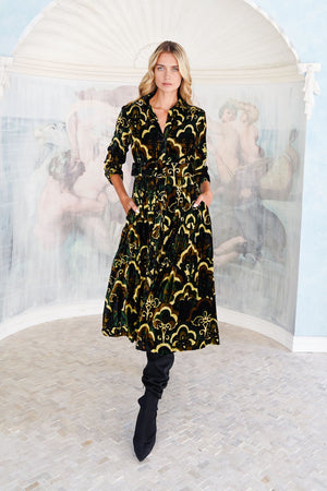 Audrey Dress #3 Shirt Collar 3/4 Sleeve Midi Length Silk Velvet (Retro Velvet)
