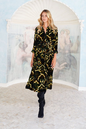 Audrey Dress #3 Shirt Collar 3/4 Sleeve Midi Length Silk Velvet (Retro Velvet)