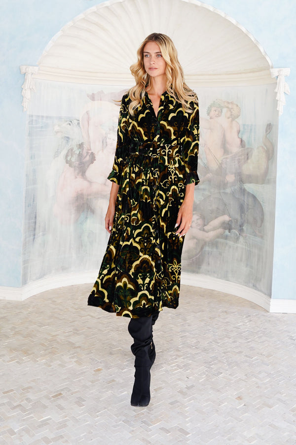 Audrey Dress #3 Shirt Collar 3/4 Sleeve Midi Length Silk Velvet (Retro Velvet)