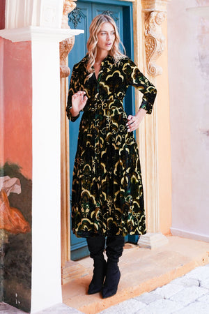 Audrey Dress #3 Shirt Collar 3/4 Sleeve Midi Length Silk Velvet (Retro Velvet)