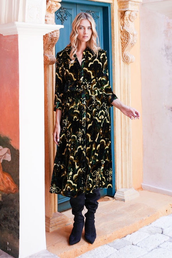 Audrey Dress #3 Shirt Collar 3/4 Sleeve Midi Length Silk Velvet (Retro Velvet)