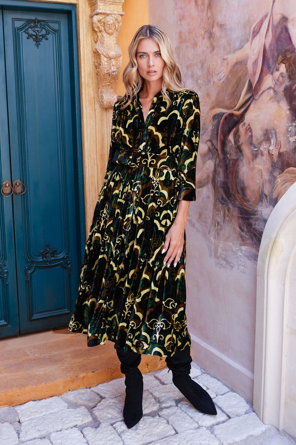 Audrey Dress #3 Shirt Collar 3/4 Sleeve Midi Length Silk Velvet (Retro Velvet)