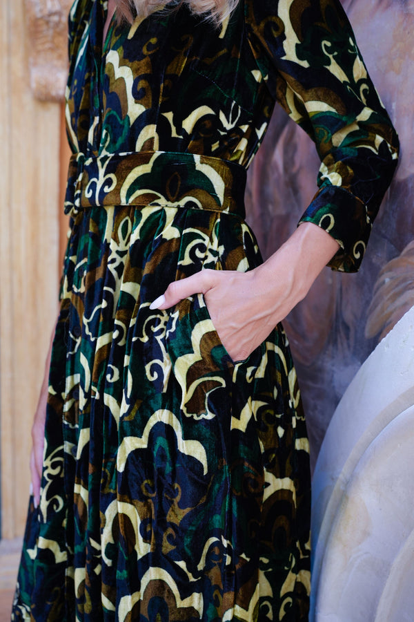 Audrey Dress #3 Shirt Collar 3/4 Sleeve Midi Length Silk Velvet (Retro Velvet)