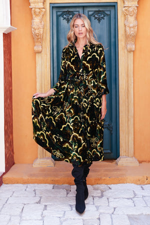 Audrey Dress #3 Shirt Collar 3/4 Sleeve Midi Length Silk Velvet (Retro Velvet)