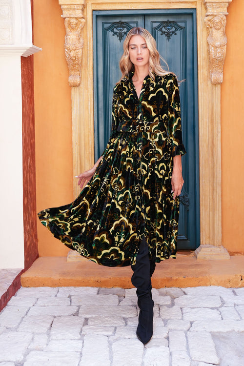 Audrey Dress #3 Shirt Collar 3/4 Sleeve Midi Length Silk Velvet (Retro Velvet)