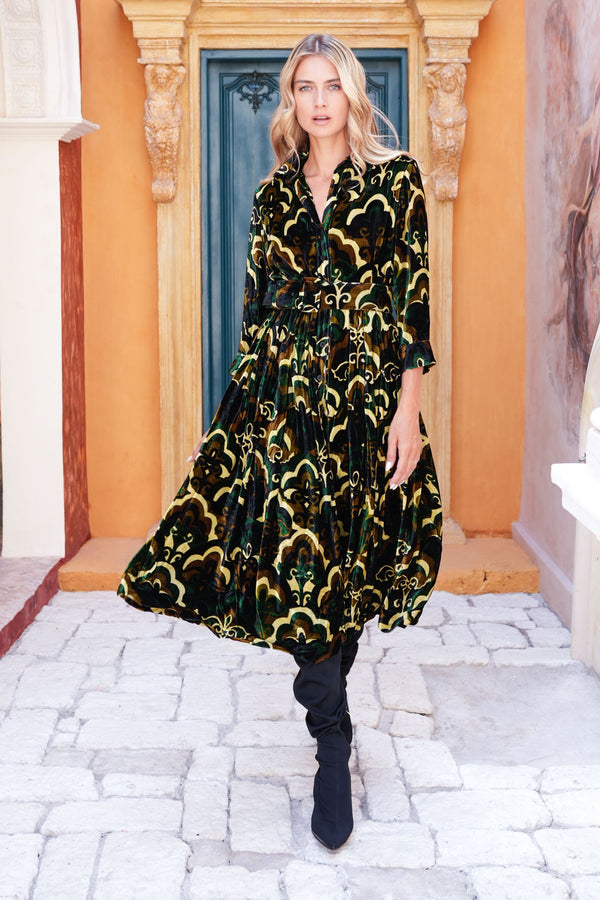 Audrey Dress #3 Shirt Collar 3/4 Sleeve Midi Length Silk Velvet (Retro Velvet)