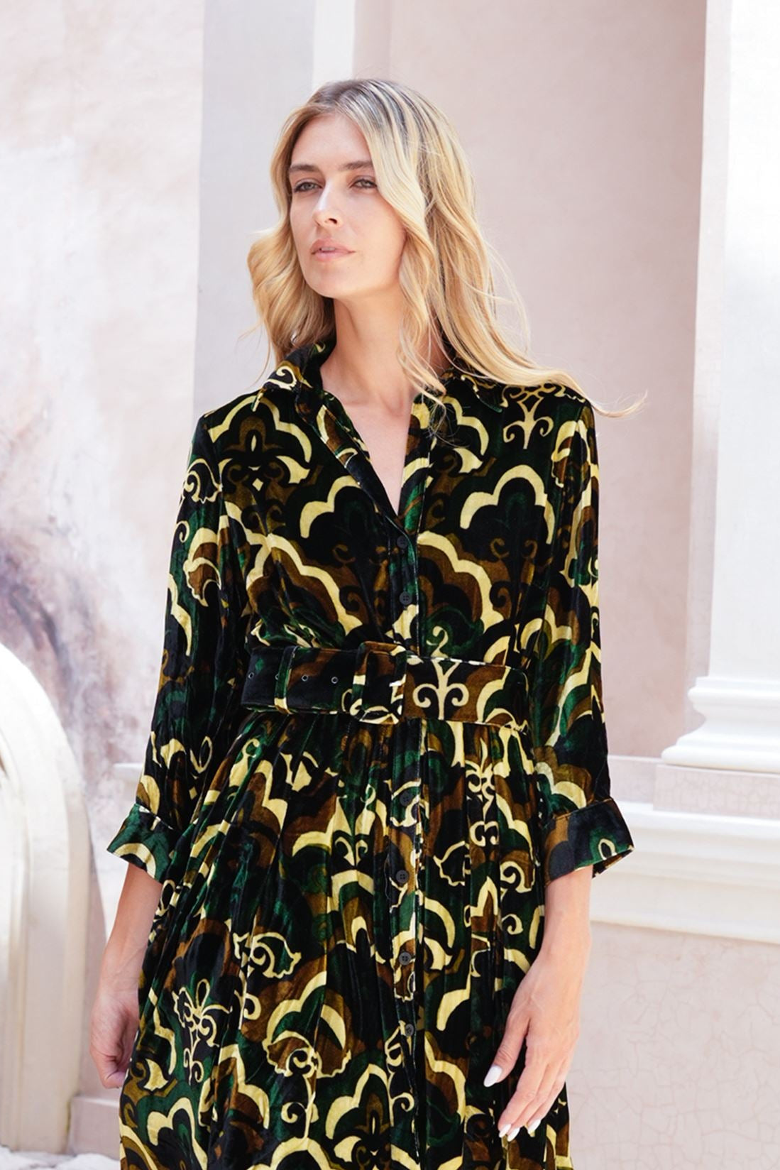velvet retro dress Audrey #3 Shirt Collar 3/4 Sleeve Midi Length Silk (Retro Crafted from 100% premium Vici | Dresses | Color:Greenery Dress Shirts--Long Sleeves