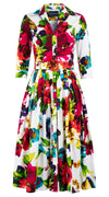 Audrey Dress #2 Shirt Collar 3/4 Sleeve Midi Length Cotton Stretch (Rose Blossom)