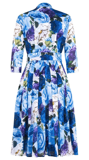 Audrey Dress #4 Shirt Collar 3/4 Sleeve Long Length Cotton Musola (Rose Wallpaper)