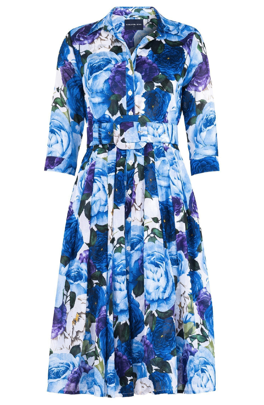 Audrey Dress #4 Shirt Collar 3/4 Sleeve Long Length Cotton Musola (Rose Wallpaper)