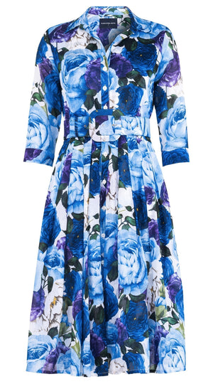 Audrey Dress #4 Shirt Collar 3/4 Sleeve Long Length Cotton Musola (Rose Wallpaper)