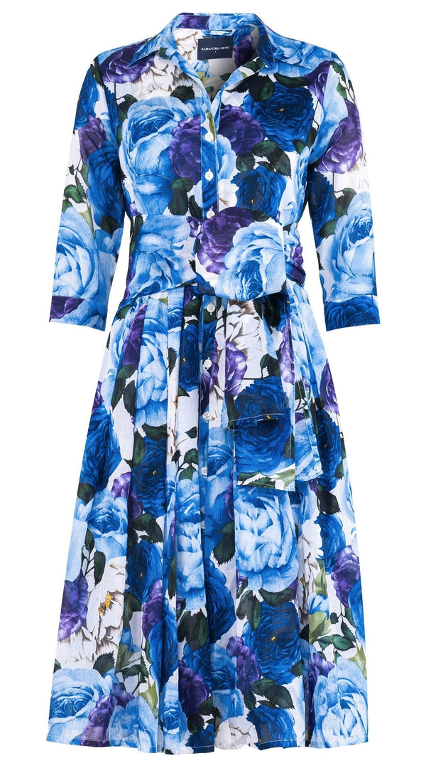 Audrey Dress #4 Shirt Collar 3/4 Sleeve Long Length Cotton Musola (Rose Wallpaper)