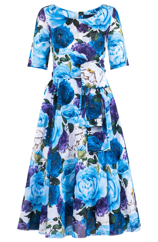 Avenue Dress Boat Neck 1/2 Sleeve Midi Length Cotton Musola (Rose Wallpaper)