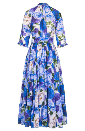 Eva Dress Crew Neck 3/4 Sleeve Midi Plus Length Cotton Musola (Rose Wallpaper)
