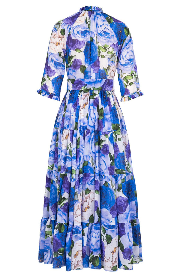Eva Dress Crew Neck 3/4 Sleeve Midi Plus Length Cotton Musola (Rose Wallpaper)