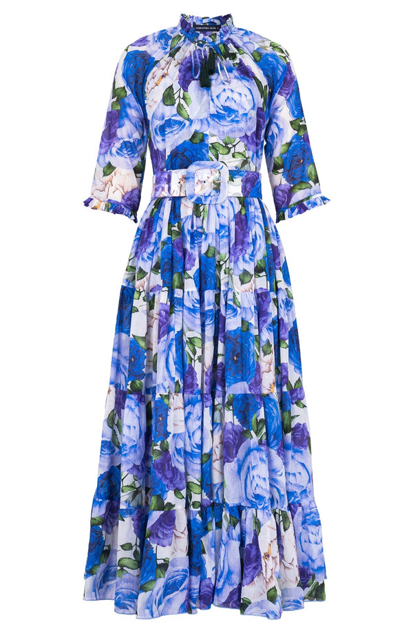 Eva Dress Crew Neck 3/4 Sleeve Midi Plus Length Cotton Musola (Rose Wallpaper)
