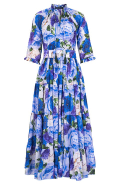 Eva Dress Crew Neck 3/4 Sleeve Midi Plus Length Cotton Musola (Rose Wallpaper)