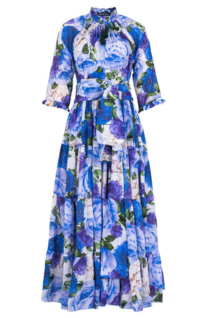 Eva Dress Crew Neck 3/4 Sleeve Midi Plus Length Cotton Musola (Rose Wallpaper)