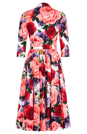 Gigi Dress Shirt Collar 3/4 Sleeve Midi Length Cotton Stretch (Rose Wallpaper)