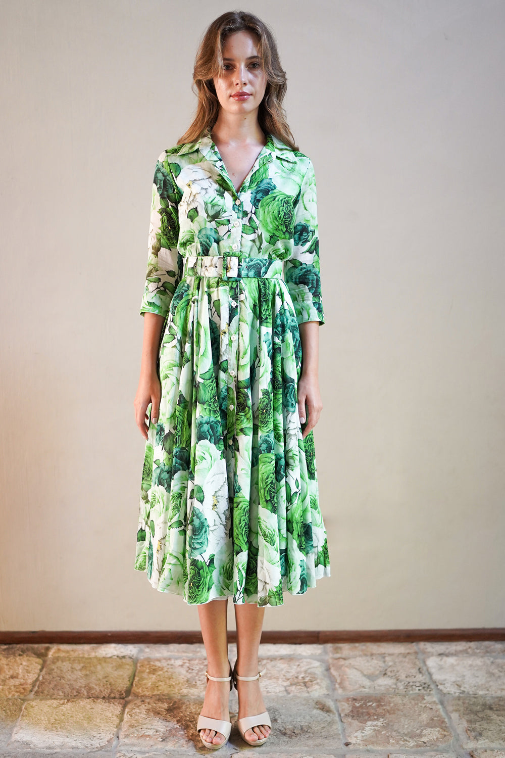 Aster Dress Shirt Collar 3/4 Sleeve Midi Length Cotton Musola (Rose Wallpaper)