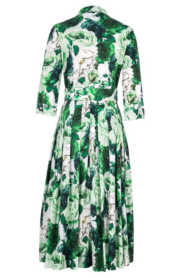 Audrey Dress #4 Shirt Collar 3/4 Sleeve Midi Length Cotton Stretch (Rose Wallpaper)