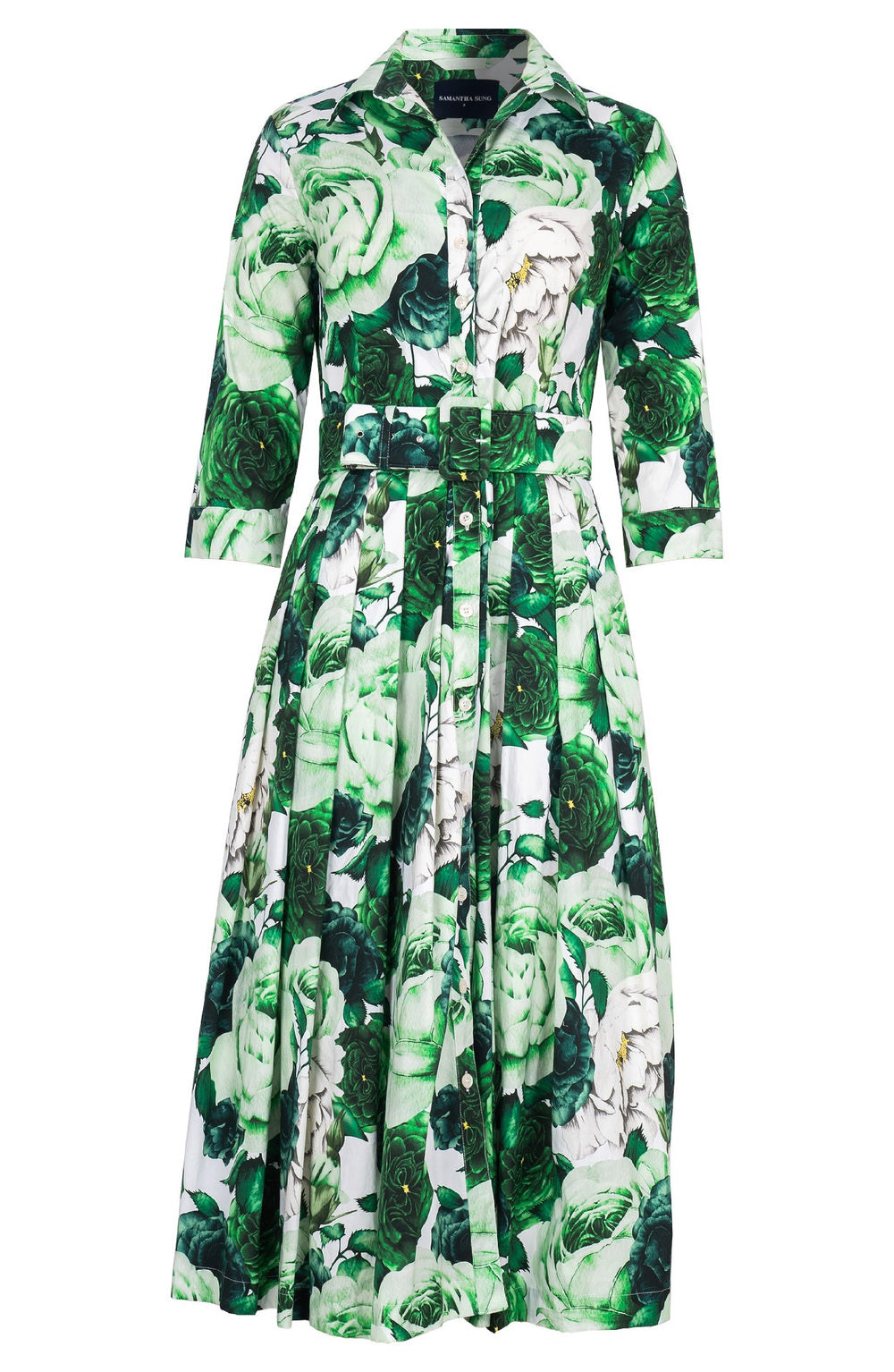 Audrey Dress #4 Shirt Collar 3/4 Sleeve Midi Length Cotton Stretch (Rose Wallpaper)