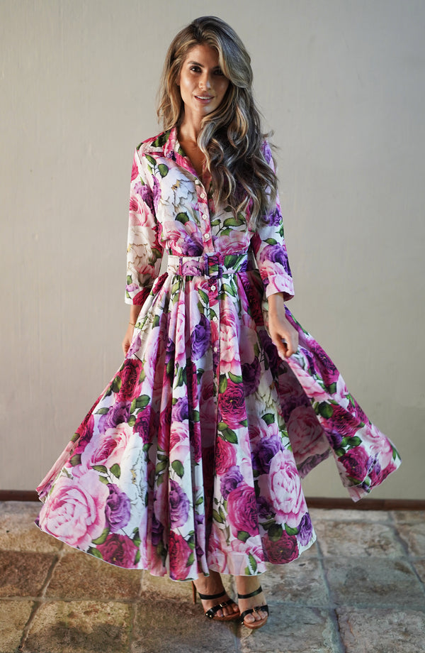 Aster Dress Shirt Collar 3/4 Sleeve Midi Length Cotton Musola (Rose Wallpaper)