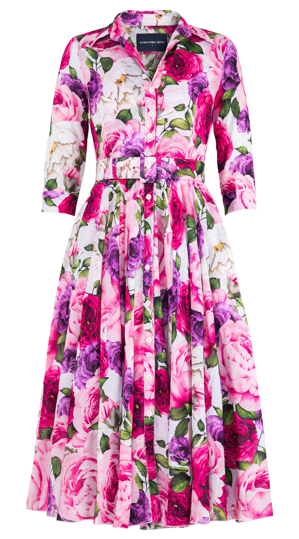 Aster Dress Shirt Collar 3/4 Sleeve Midi Length Cotton Musola (Rose Wallpaper)