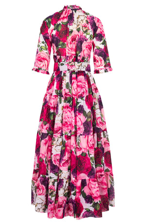 Eden Dress Crew Neck 3/4 Sleeve Maxi Length Cotton Musola (Rose Wallpaper)